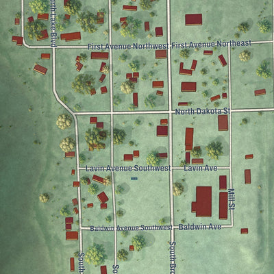 Close-up of the map of Columbia, South Dakota print showing street and building detail