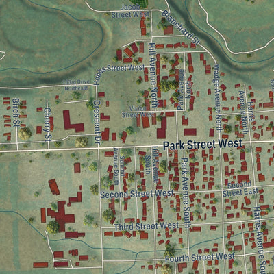 Close-up of the map of Park River, North Dakota print showing street and building detail