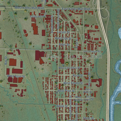 Close-up of the map of Union Gap, Washington print showing street and building detail