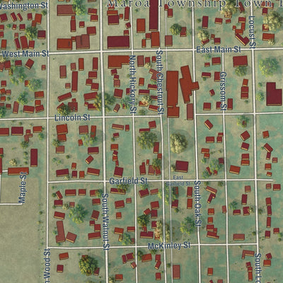Close-up of the map of Maroa, Illinois print showing street and building detail