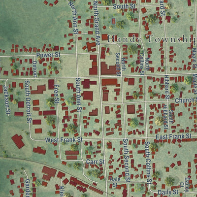 Close-up of the map of Fowlerville, Michigan print showing street and building detail
