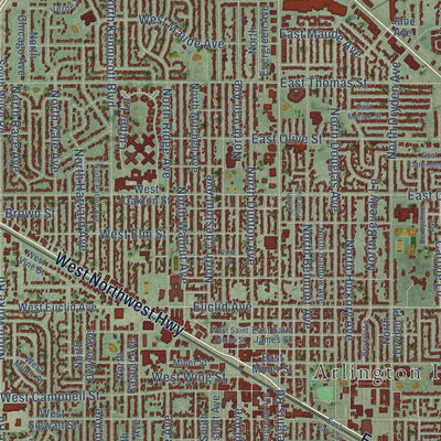 Close-up of the map of Arlington Heights, Illinois print showing street and building detail