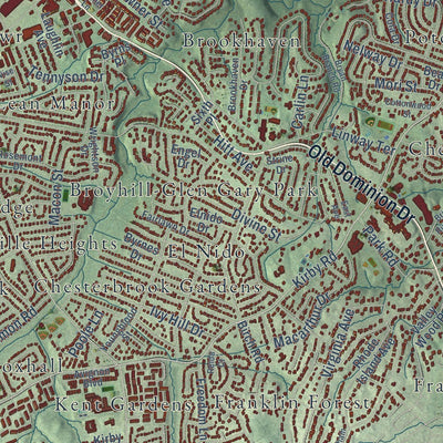 Close-up of the map of McLean, Virginia print showing street and building detail