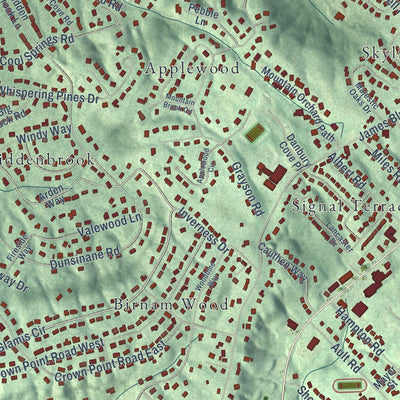 Close-up of the map of Signal Mountain, Tennessee print showing street and building detail