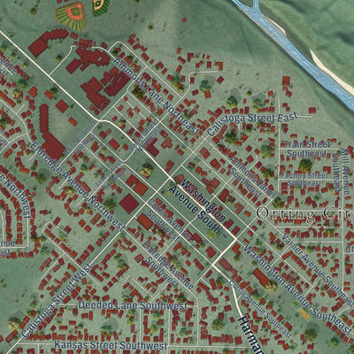Close-up of the map of Orting, Washington print showing street and building detail
