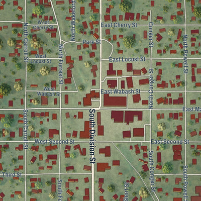 Close-up of the map of Norris City, Illinois print showing street and building detail