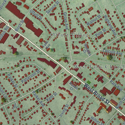 Close-up of the map of Falls Church, Virginia print showing street and building detail