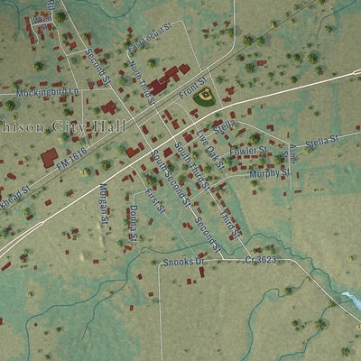 Close-up of the map of Murchison, Texas print showing street and building detail