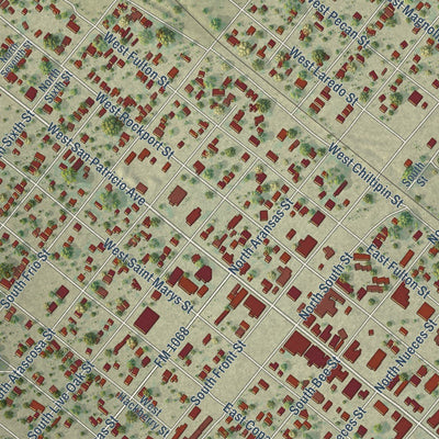 Close-up of the map of Mathis, Texas print showing street and building detail