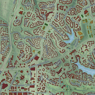 Close-up of the map of Reston, Virginia print showing street and building detail