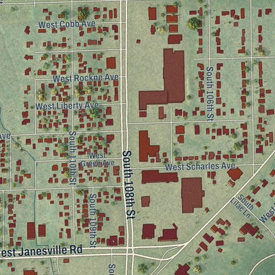 Close-up of the map of Hales Corners, Wisconsin print showing street and building detail