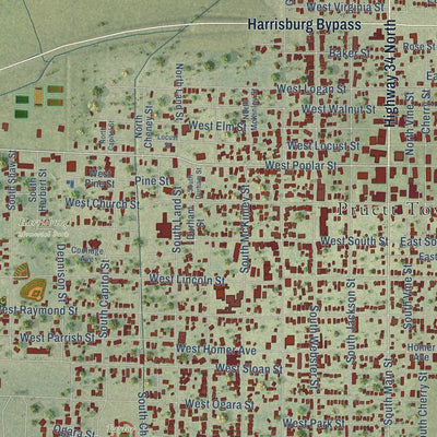 Close-up of the map of Harrisburg, Illinois print showing street and building detail