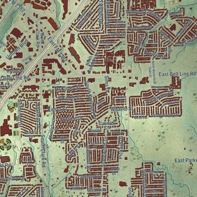 Close-up of the map of Cedar Hill, Texas print showing street and building detail