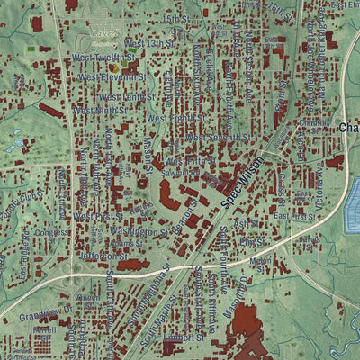 Close-up of the map of Laurel, Mississippi print showing street and building detail
