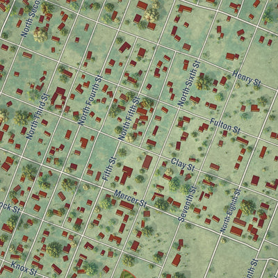 Close-up of the map of Oquawka, Illinois print showing street and building detail