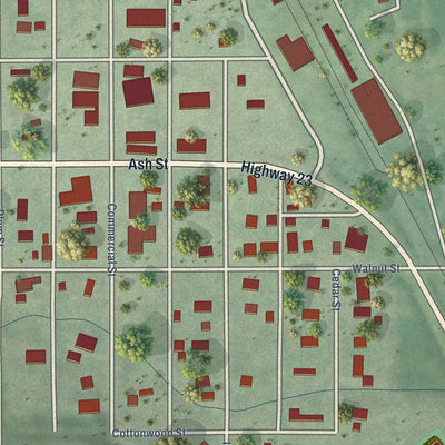 Close-up of the map of Maywood, Nebraska print showing street and building detail