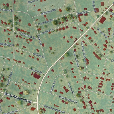 Close-up of the map of Kingstree, South Carolina print showing street and building detail