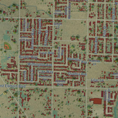 Close-up of the map of Rio Linda, California print showing street and building detail