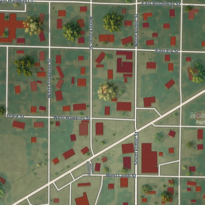 Close-up of the map of Center, Missouri print showing street and building detail