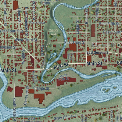 Close-up of the map of Merrill, Wisconsin print showing street and building detail
