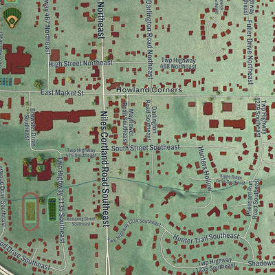 Close-up of the map of Howland Center, Ohio print showing street and building detail