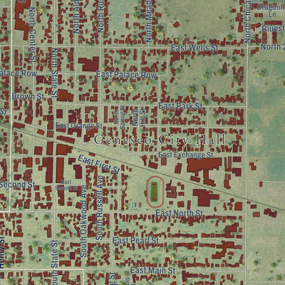 Close-up of the map of Geneseo, Illinois print showing street and building detail