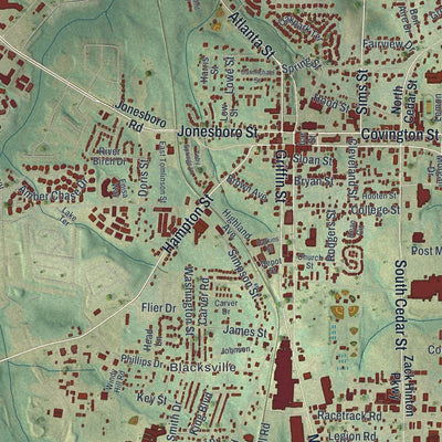 Close-up of the map of McDonough, Georgia print showing street and building detail