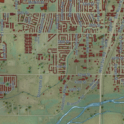 Close-up of the map of Evans, Colorado print showing street and building detail