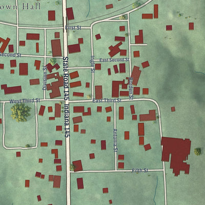 Close-up of the map of Birdseye, Indiana print showing street and building detail