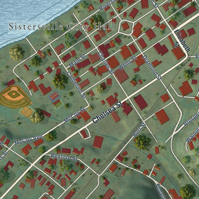 Close-up of the map of Sistersville, West Virginia print showing street and building detail