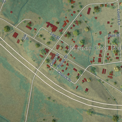 Close-up of the map of Poynor, Texas print showing street and building detail