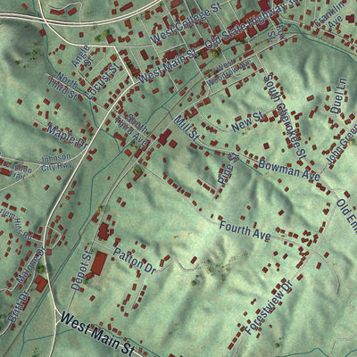 Close-up of the map of Jonesborough, Tennessee print showing street and building detail