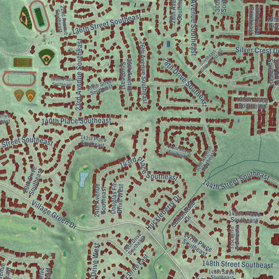 Close-up of the map of Mill Creek, Washington print showing street and building detail