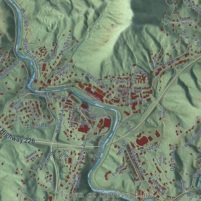 Close-up of the map of Spruce Pine, North Carolina print showing street and building detail