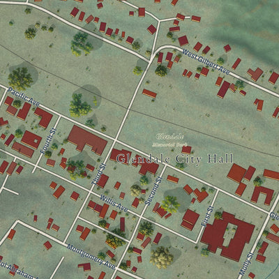 Close-up of the map of Glendale, Oregon print showing street and building detail