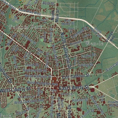 Close-up of the map of Sumter, South Carolina print showing street and building detail