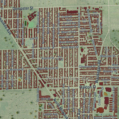 Close-up of the map of Niles, Illinois print showing street and building detail
