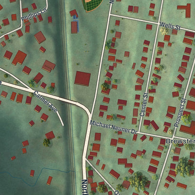 Close-up of the map of Brewster, New York print showing street and building detail
