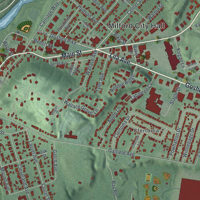 Close-up of the map of Milford, Ohio print showing street and building detail