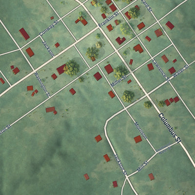 Close-up of the map of Washington, Arkansas print showing street and building detail