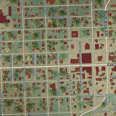 Close-up of the map of Munday, Texas print showing street and building detail