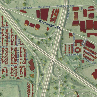 Close-up of the map of Rosemont, Illinois print showing street and building detail