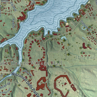 Close-up of the map of Lake Delton, Wisconsin print showing street and building detail
