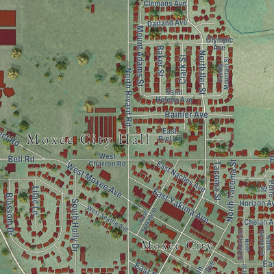 Close-up of the map of Moxee, Washington print showing street and building detail