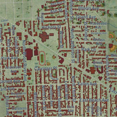 Close-up of the map of Wood River, Illinois print showing street and building detail