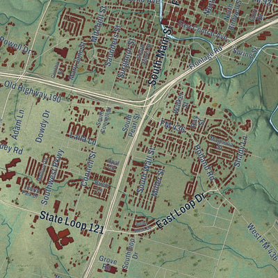 Close-up of the map of Belton, Texas print showing street and building detail