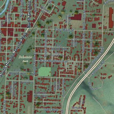 Close-up of the map of Cottage Grove, Oregon print showing street and building detail