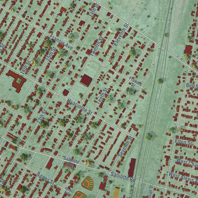 Close-up of the map of Ecorse, Michigan print showing street and building detail