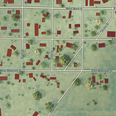 Close-up of the map of Shumway, Illinois print showing street and building detail