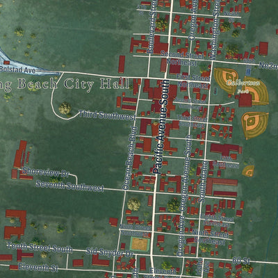 Close-up of the map of Long Beach, Washington print showing street and building detail